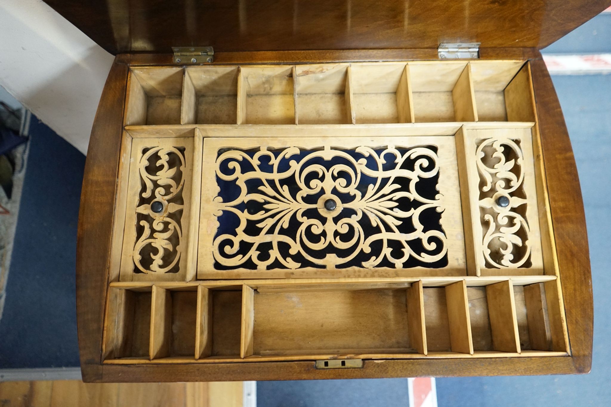 A Victorian inlaid burr walnut work table, width 62cm, depth 40cm, height 72cm